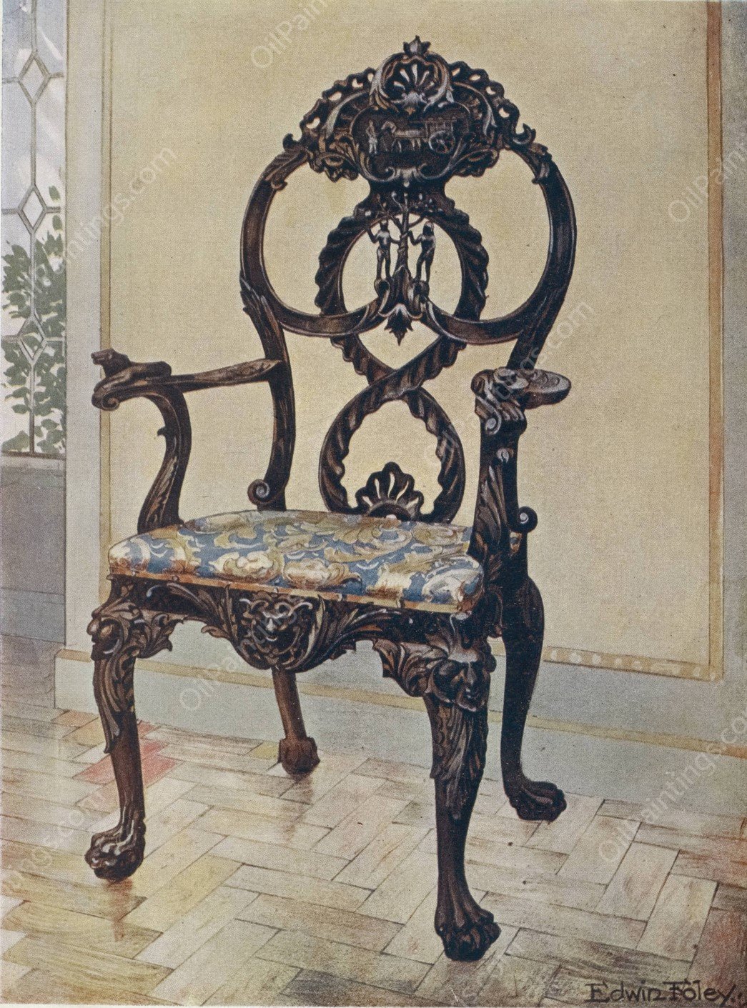 Carved early Chippendale chairman's chair  by Edwin Foley - Hand-Painted Oil Painting Reproduction