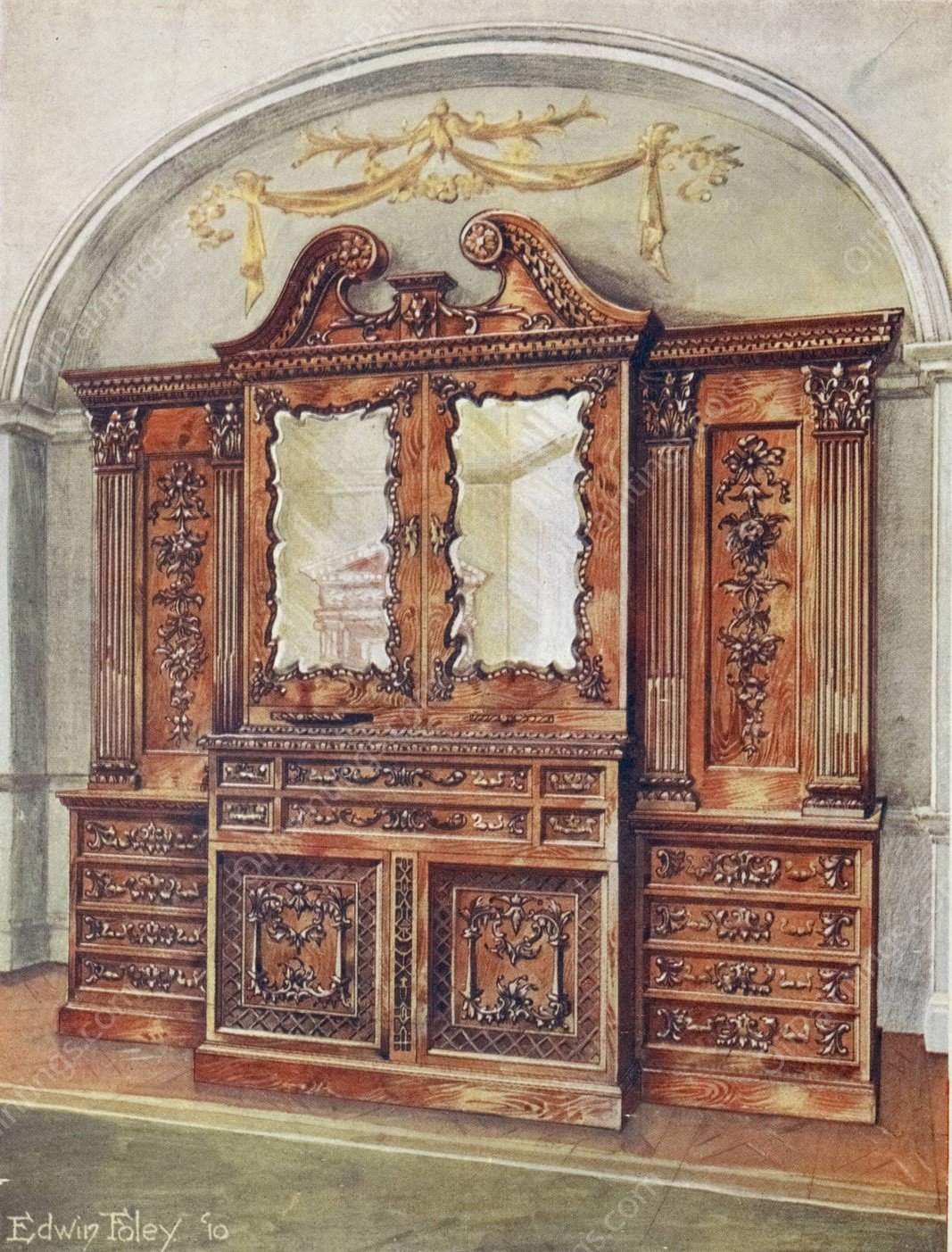 Carved enclosed mahogany bookcase-style of Chippendale  by Edwin Foley - Hand-Painted Oil Painting Reproduction