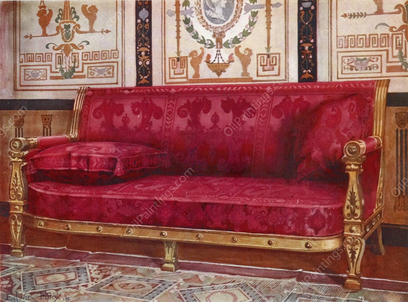 Carved gilt couch covered in rose brocade de Lyons  by Edwin Foley - Hand-Painted Oil Painting Reproduction
