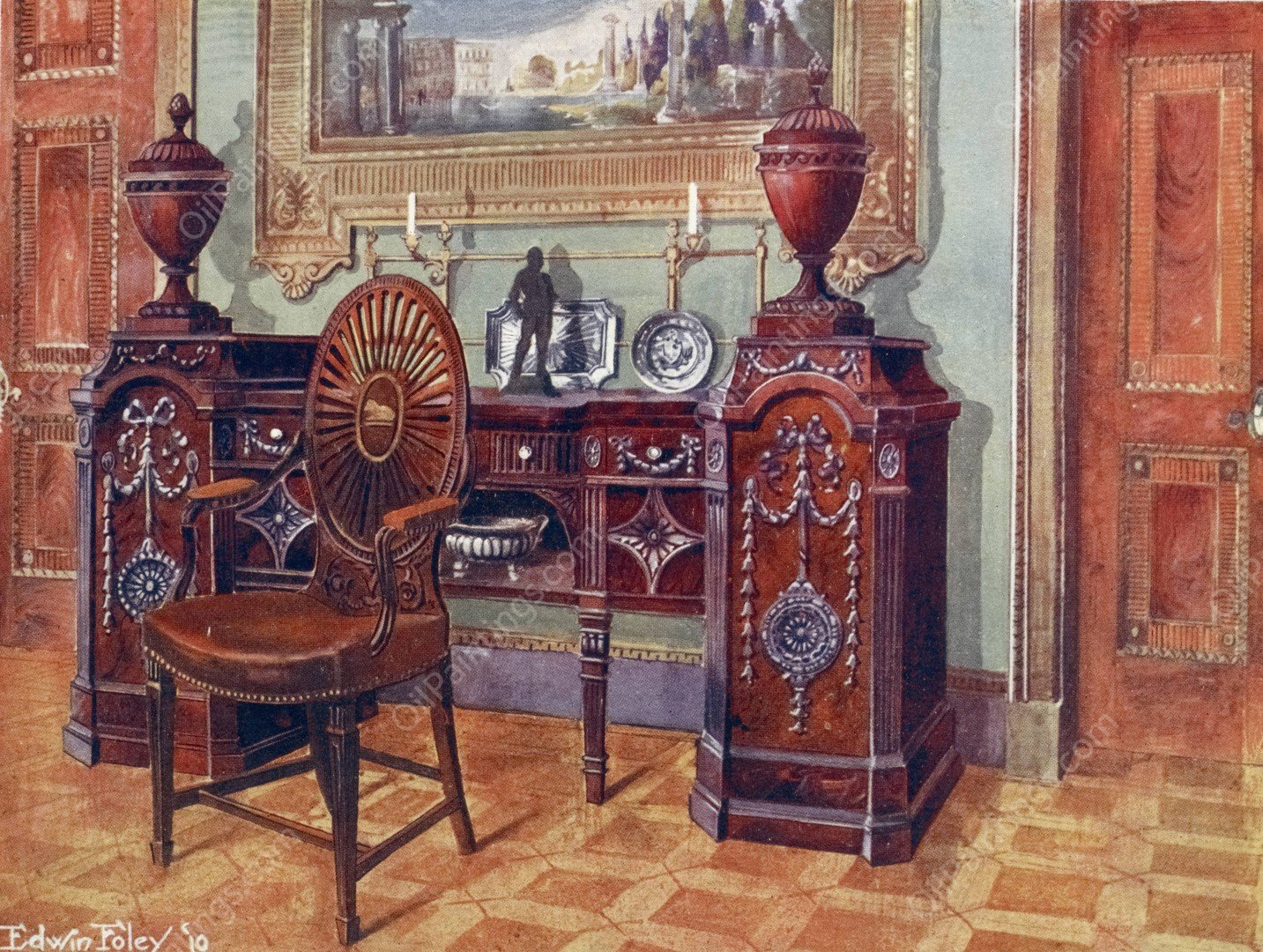 Carved mahogany pedestal sideboard, Oval wheel-back master's chair  by Edwin Foley - Hand-Painted Oil Painting Reproduction