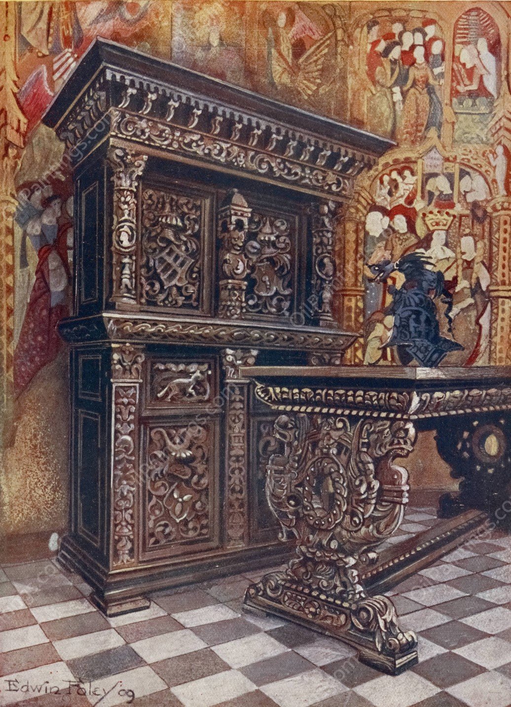 Carved oak armoire, Carved oak table  by Edwin Foley - Hand-Painted Oil Painting Reproduction