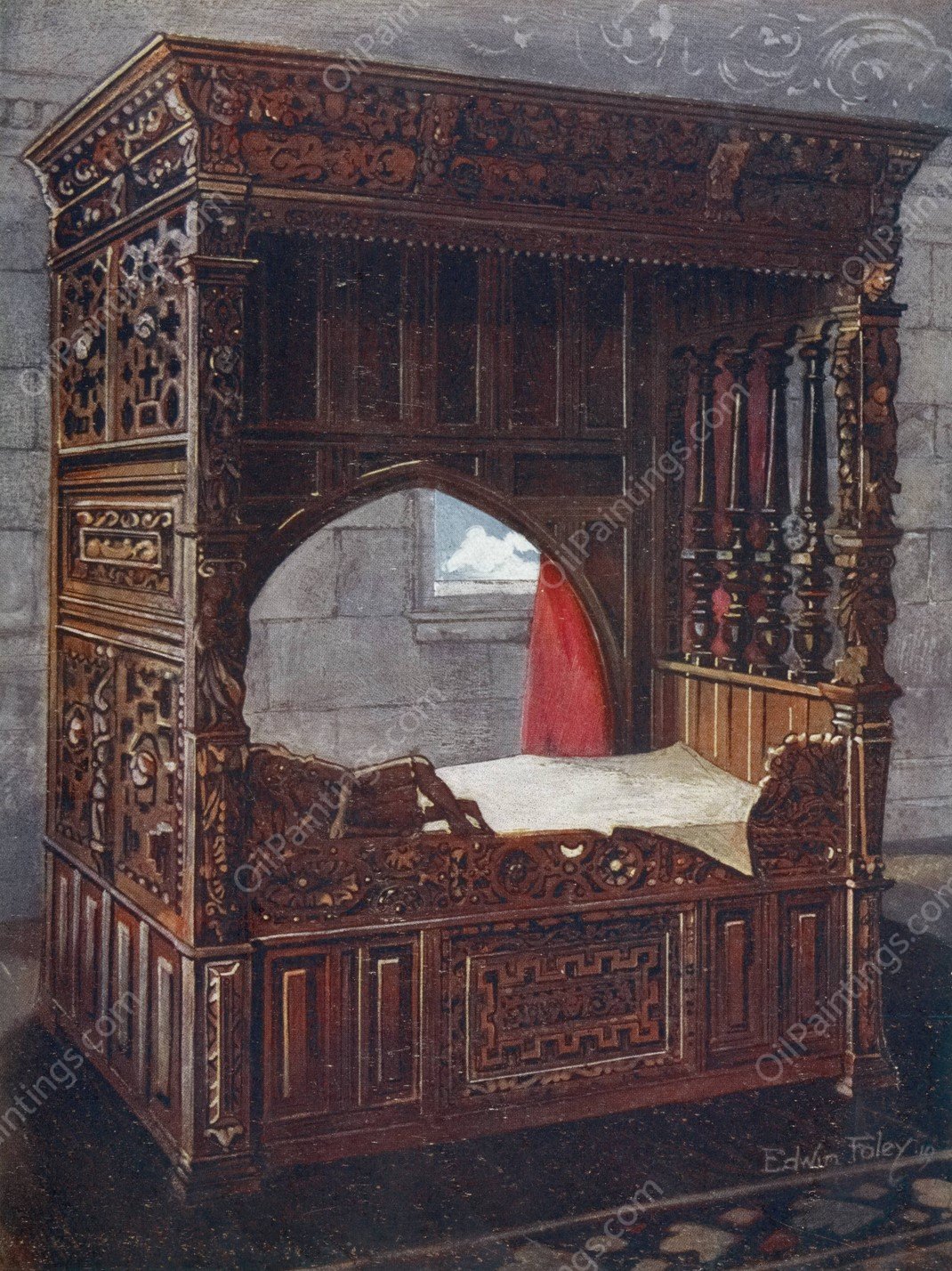 Carved oak bedstead of Jeanne D'Albret, dated 1562  by Edwin Foley - Hand-Painted Oil Painting Reproduction