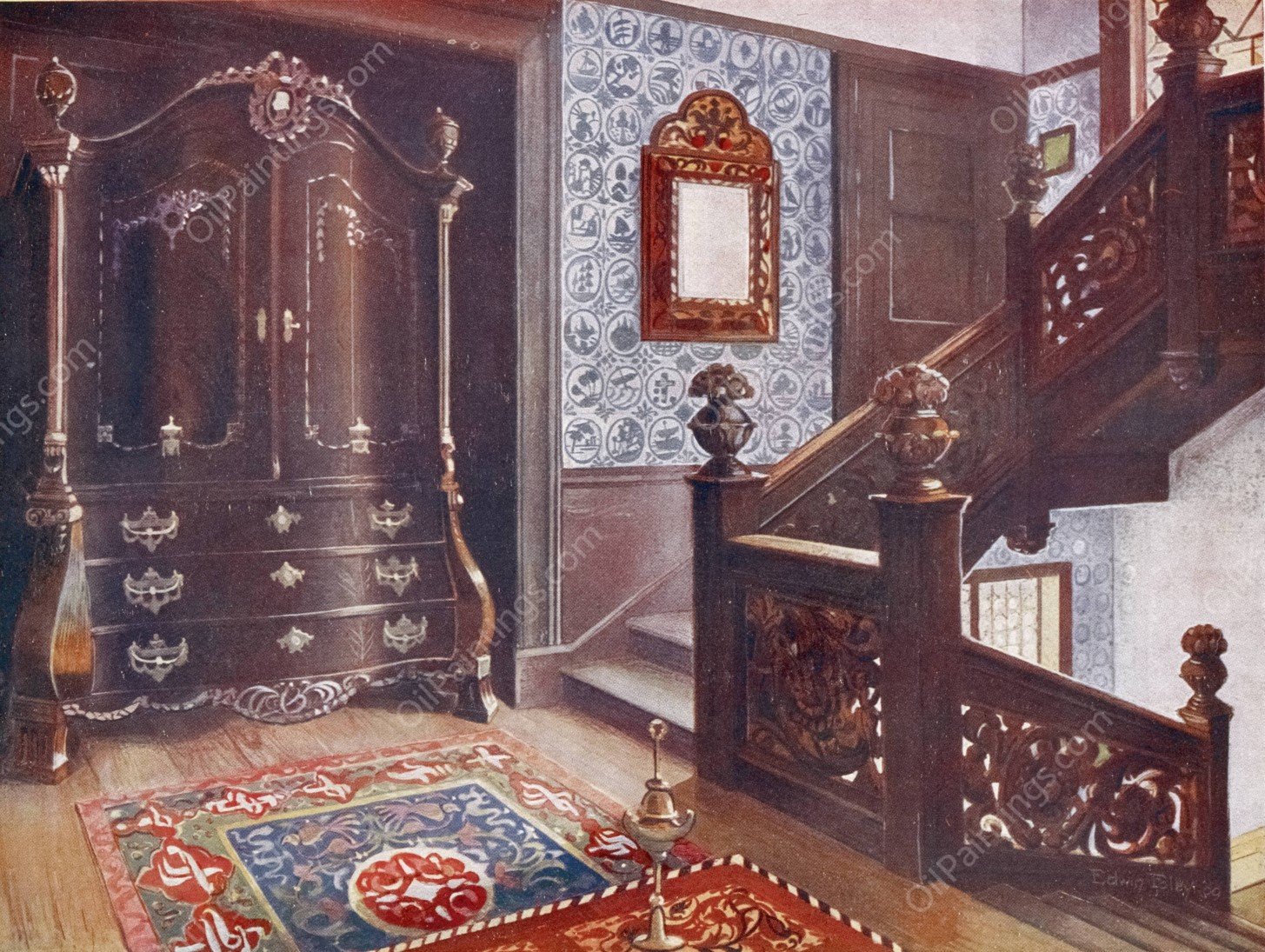 Carved walnut bombe armoire with chased mounts  by Edwin Foley - Hand-Painted Oil Painting Reproduction