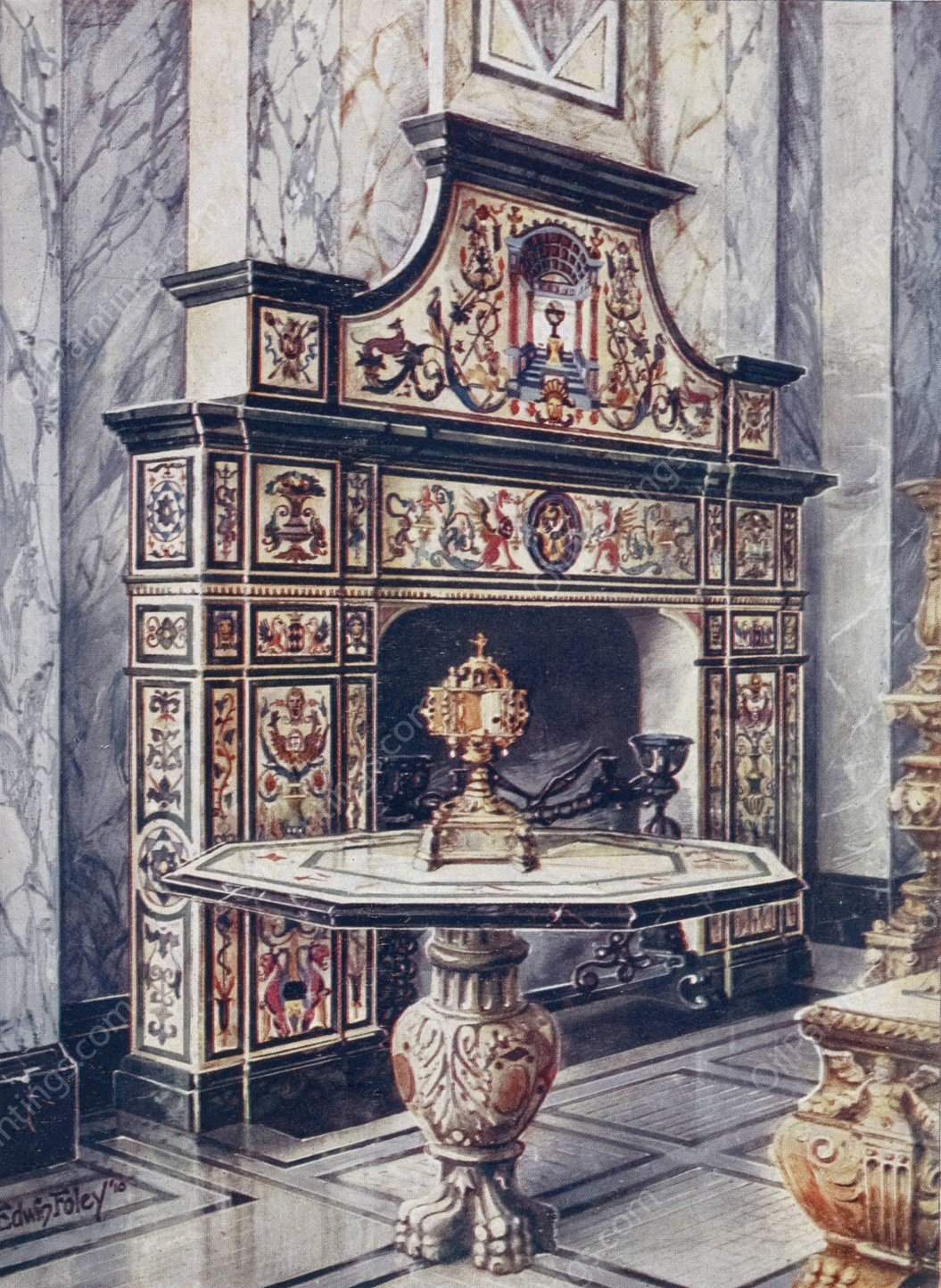 Chimneypiece in coloured mosaic. Florentine. Victoria and Albert Museum, South Kensington. Table in coloured mosaic  by Edwin Foley - Hand-Painted Oil Painting Reproduction