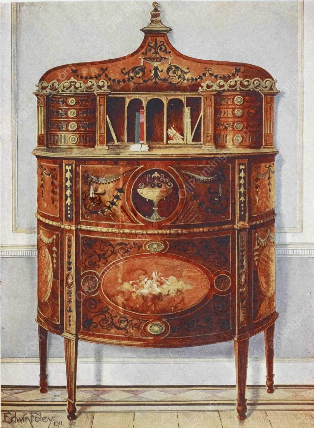 Inlaid and painted satinwood writing-desk cabinet, ormolu mounted  by Edwin Foley - Hand-Painted Oil Painting Reproduction