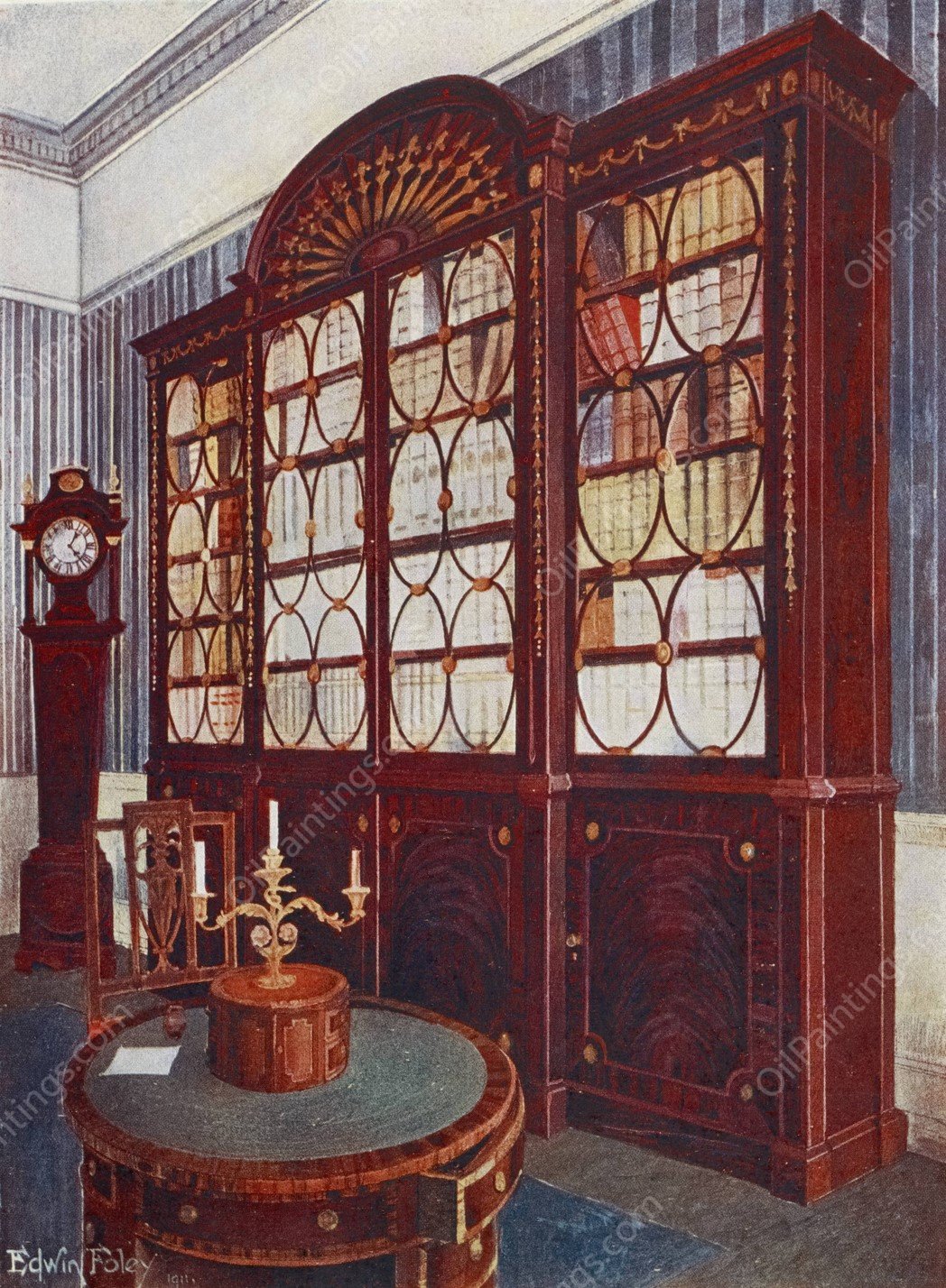 Inlaid mahogany break-front bookcase, Mahogany pedestal centre table  by Edwin Foley - Hand-Painted Oil Painting Reproduction