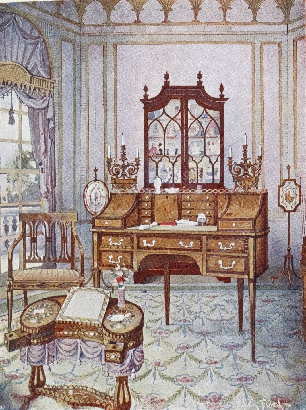 Inlaid mahogany cylinder-fall china and book case, D-shaped satinwood drawing and writing table  by Edwin Foley - Hand-Painted Oil Painting Reproduction