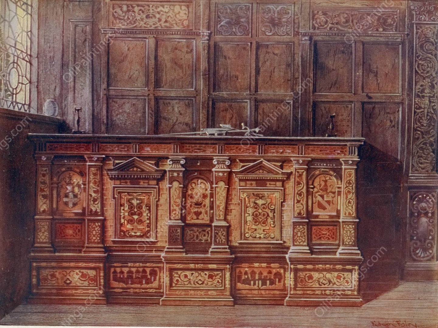 Inlaid muniment chest. Presented by Sir Hugh Offley, when Lord Mayor of London in 1556, to St. Mary Overie, now St. Saviour's, Southwark Cathedral by Edwin Foley - Hand-Painted Oil Painting Reproduction