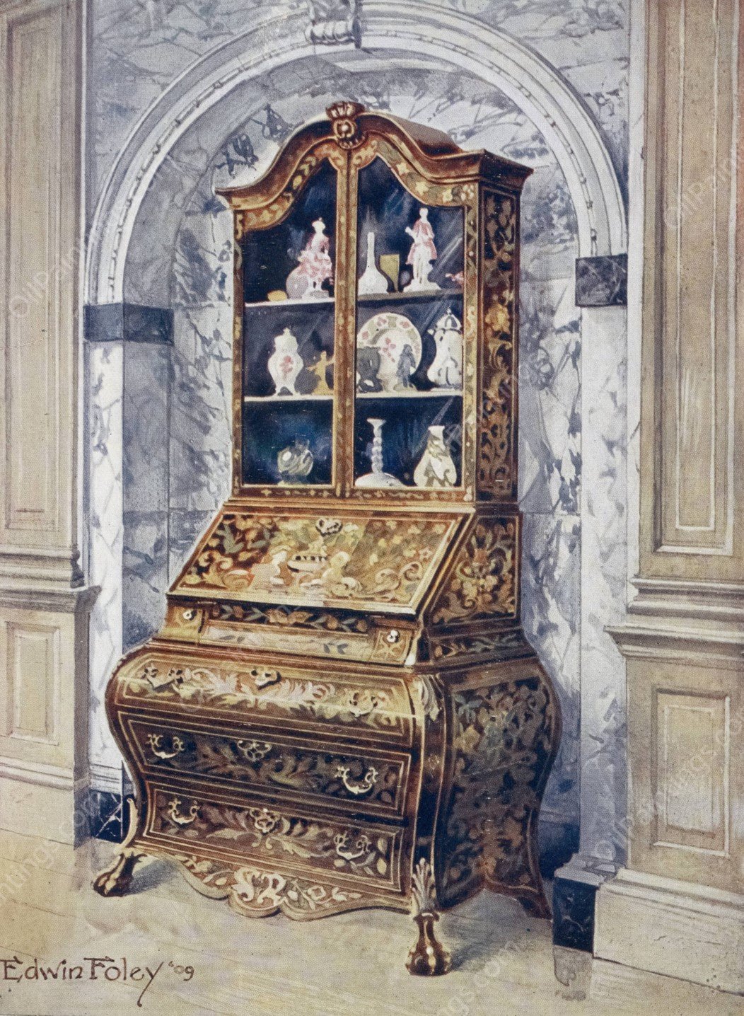 Inlaid walnut bombe bureau-cabinet  by Edwin Foley - Hand-Painted Oil Painting Reproduction