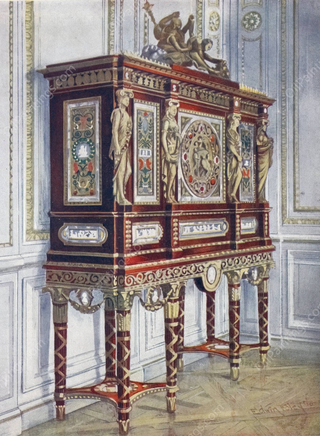 Jewel cabinet of Queen Marie Antoinette, of mahogany, gilt, inlaid, carved, and with painted plaques  by Edwin Foley - Hand-Painted Oil Painting Reproduction