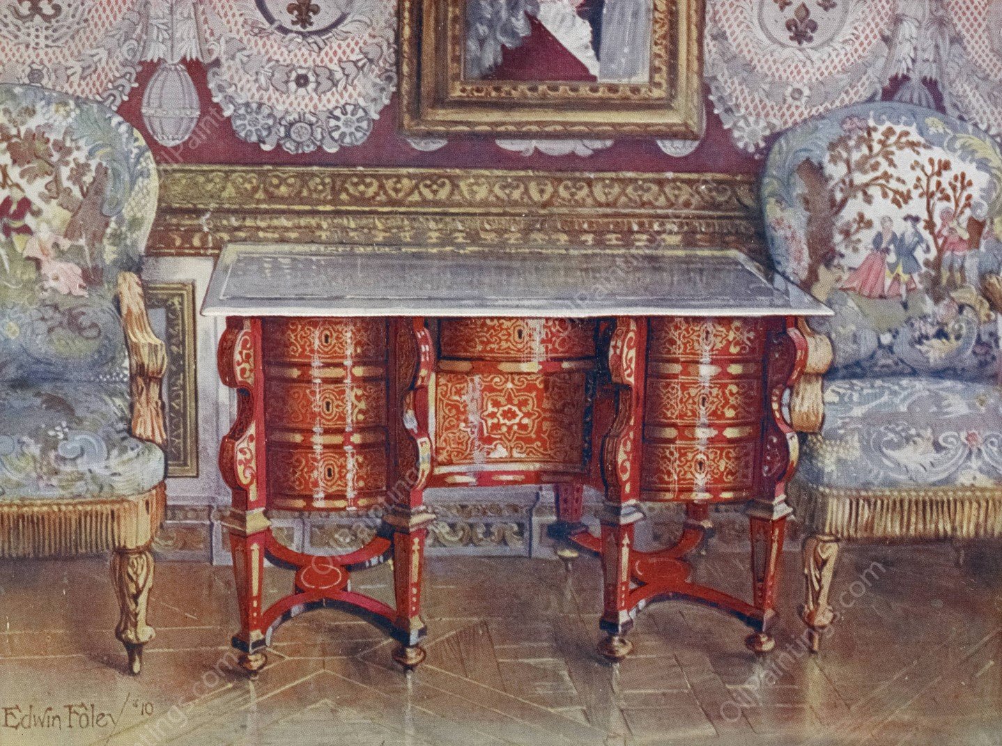 Kneehole writing table in red tortoiseshell. Lacquer steel top. Boulle. Gilt fauteuils, upholstered in tapestry  by Edwin Foley - Hand-Painted Oil Painting Reproduction