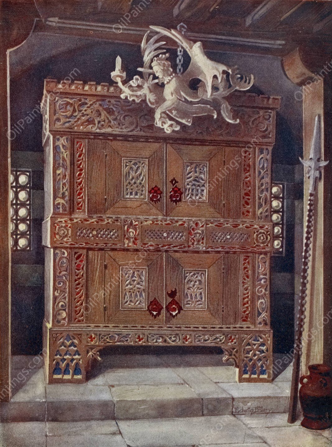 Late Gothic schrank. In the Bavarian Museum, Munich, with hanging light  by Edwin Foley - Hand-Painted Oil Painting Reproduction