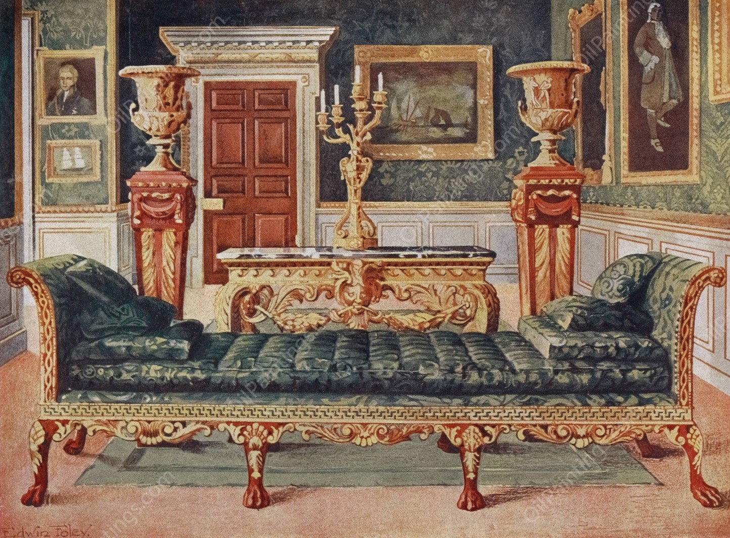 Mahogany and gilt Georgian suite in the gallery and green drawing-room of Longford Castle  by Edwin Foley - Hand-Painted Oil Painting Reproduction