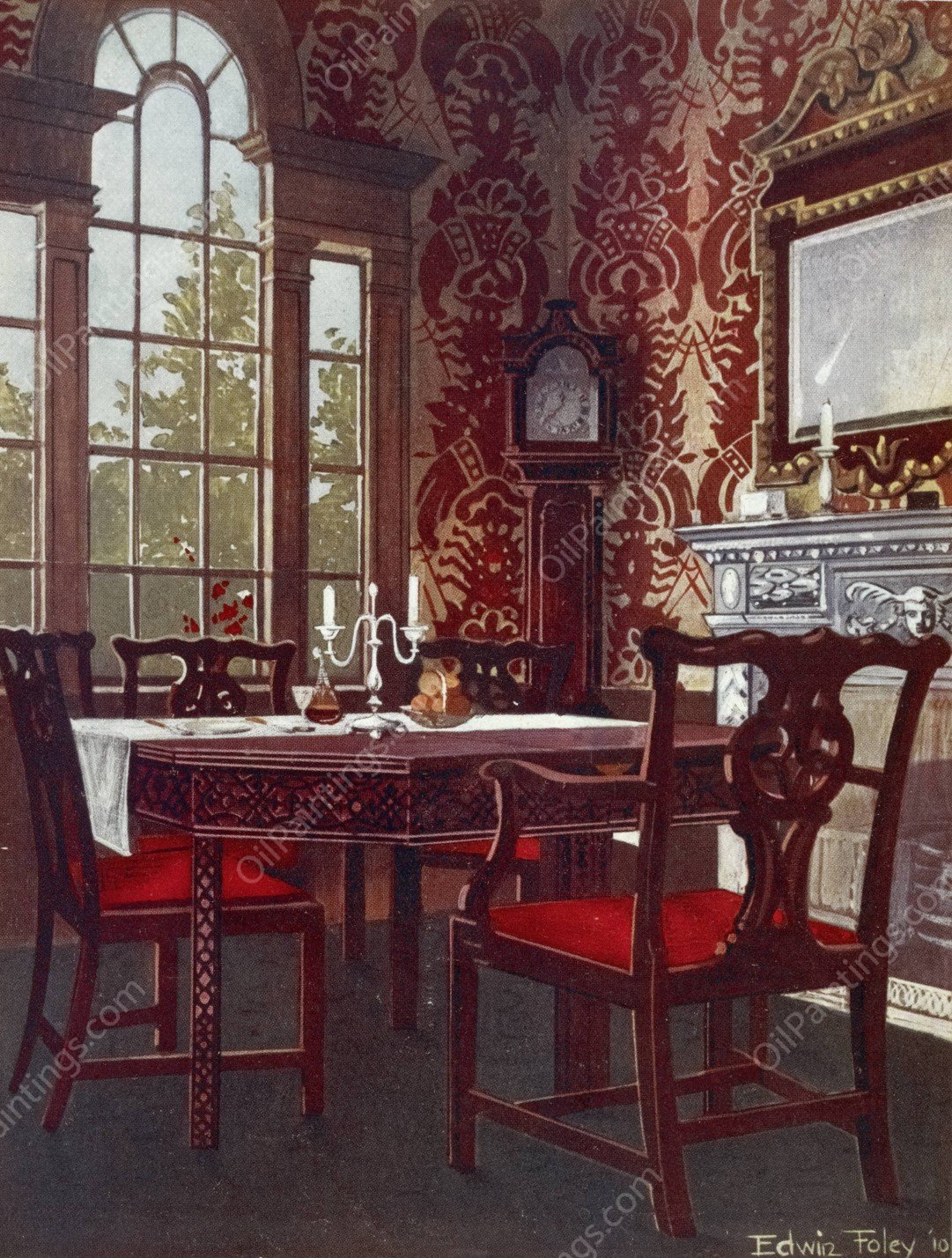 Mahogany divisible dining-tables, dining room splat-back chairs  by Edwin Foley - Hand-Painted Oil Painting Reproduction