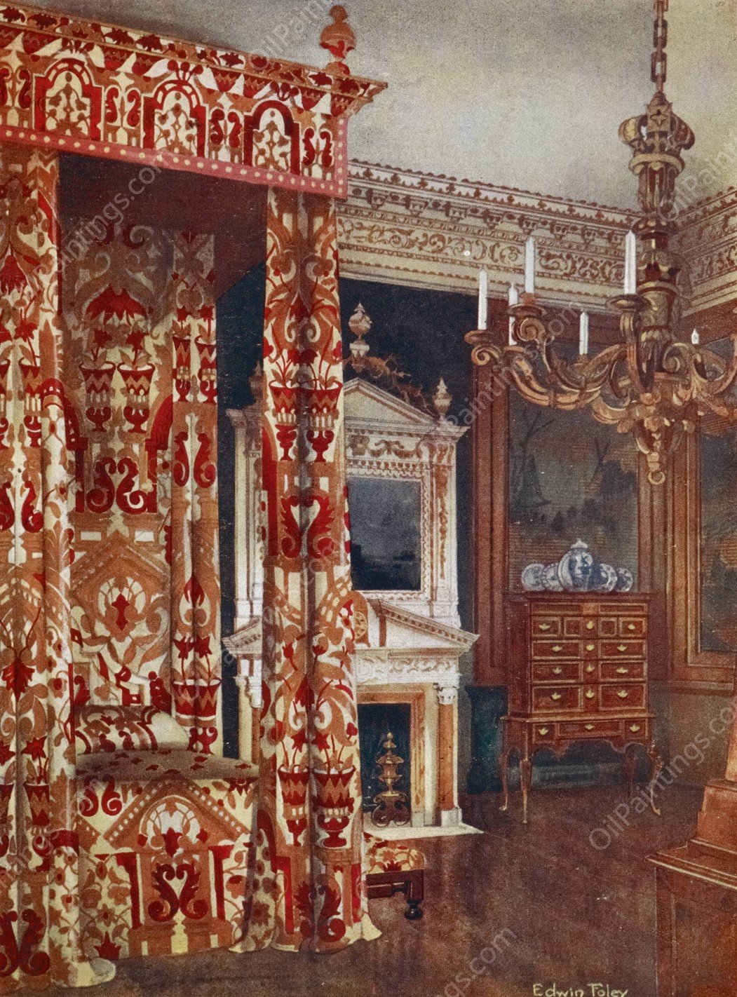 Queen Anne's bed, Chest of drawers upon stand, Wooden candleabra  by Edwin Foley - Hand-Painted Oil Painting Reproduction