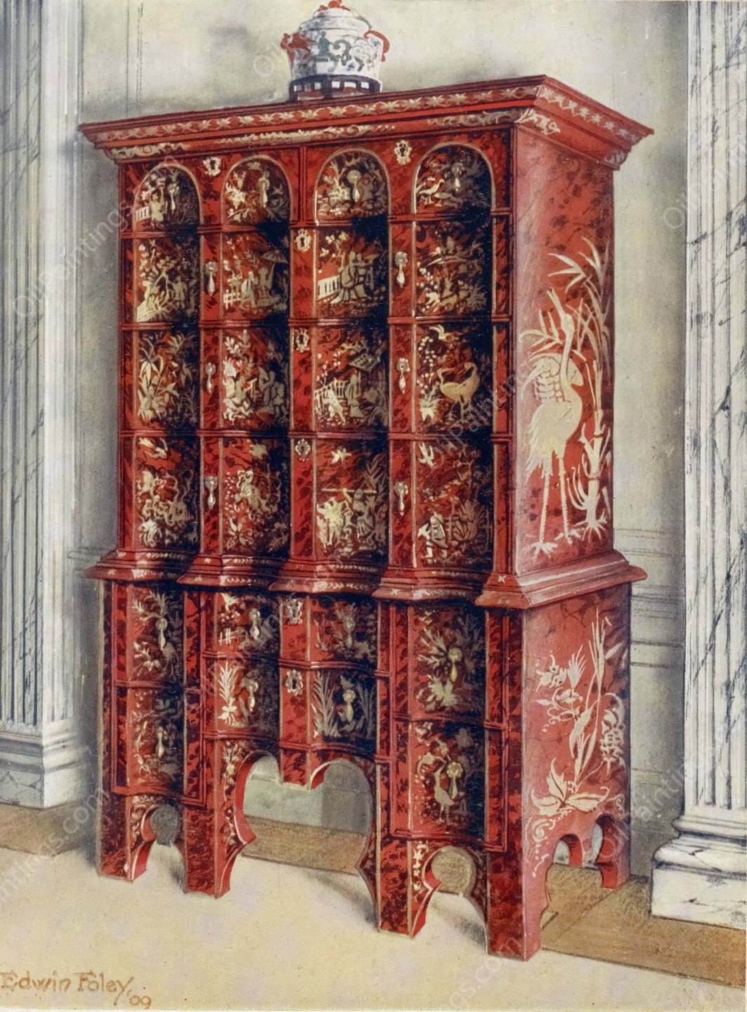 Red and gilt lacquer double chest of drawers  by Edwin Foley - Hand-Painted Oil Painting Reproduction