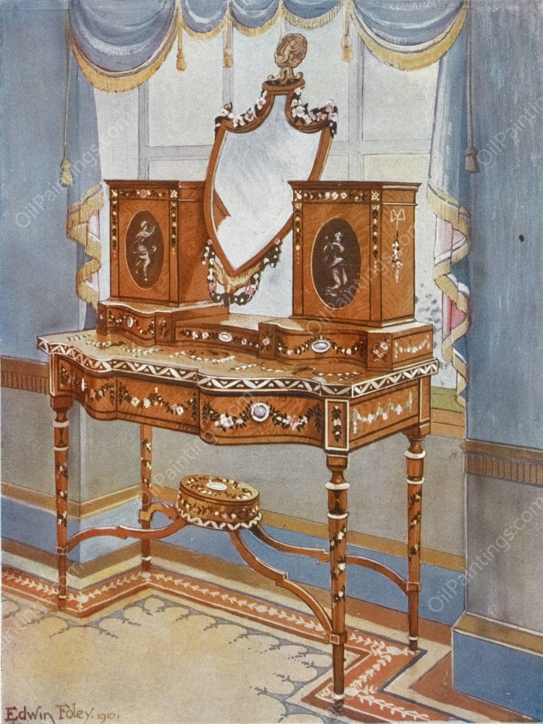 Satinwood dressing-table with medallions  by Edwin Foley - Hand-Painted Oil Painting Reproduction