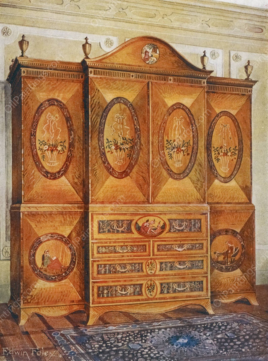 Satinwood wardrobe, inlaid with tulipwood, harewood, holly, ebony, mahogany, and other woods  by Edwin Foley - Hand-Painted Oil Painting Reproduction