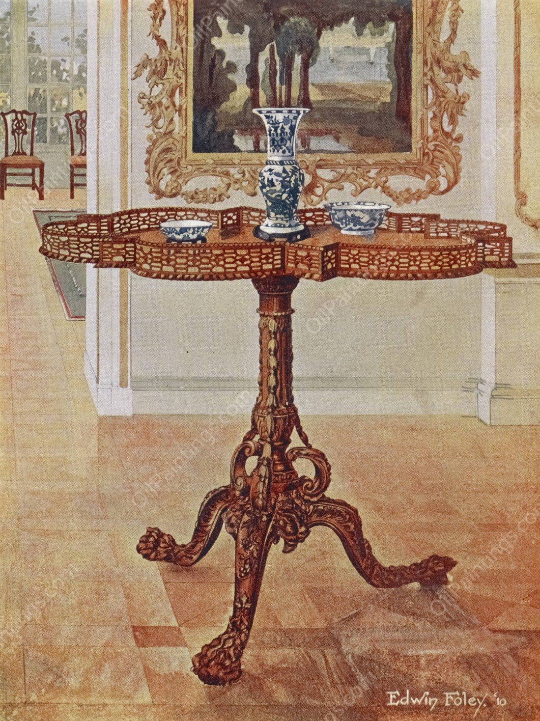 Shaped fret-rimmed gallery table  by Edwin Foley - Hand-Painted Oil Painting Reproduction