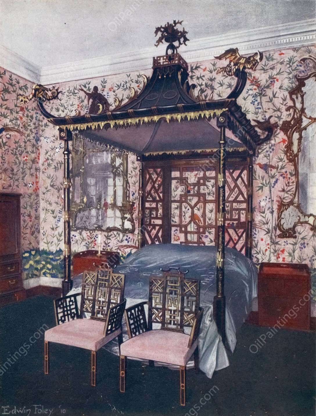 The Chippendale Chinese room at Badminton House  by Edwin Foley - Hand-Painted Oil Painting Reproduction