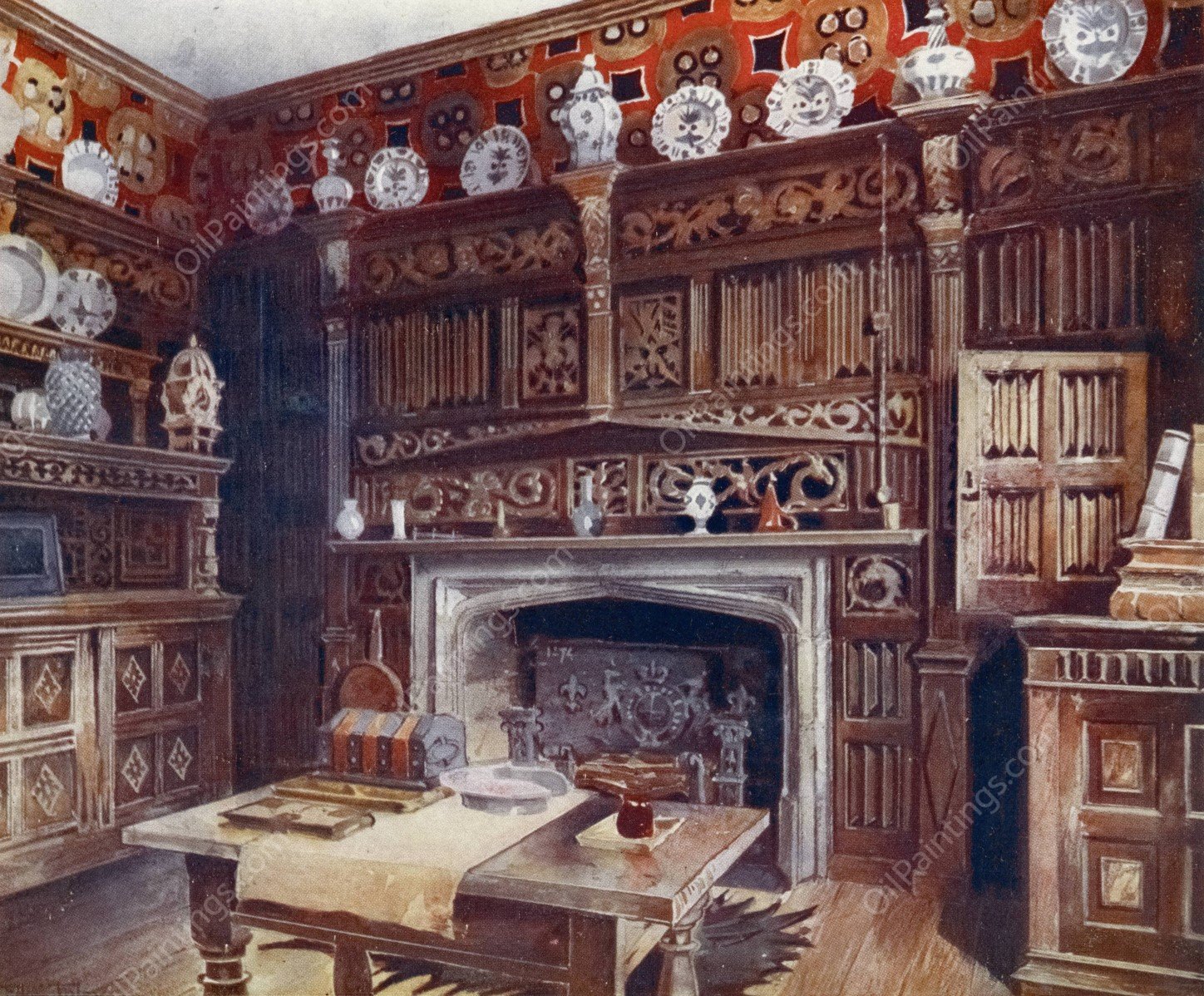 The panelled study at Groombridge Place, Kent. By permission of the Misses Saint.  by Edwin Foley - Hand-Painted Oil Painting Reproduction