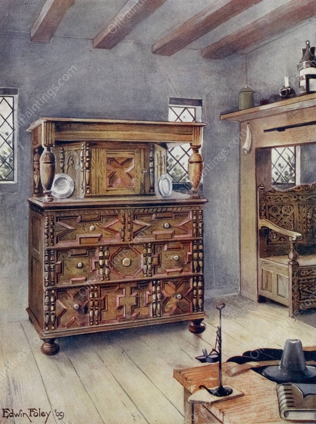 The Putnam cupboard of English oak and cedar, Carved settle of American Oak  by Edwin Foley - Hand-Painted Oil Painting Reproduction