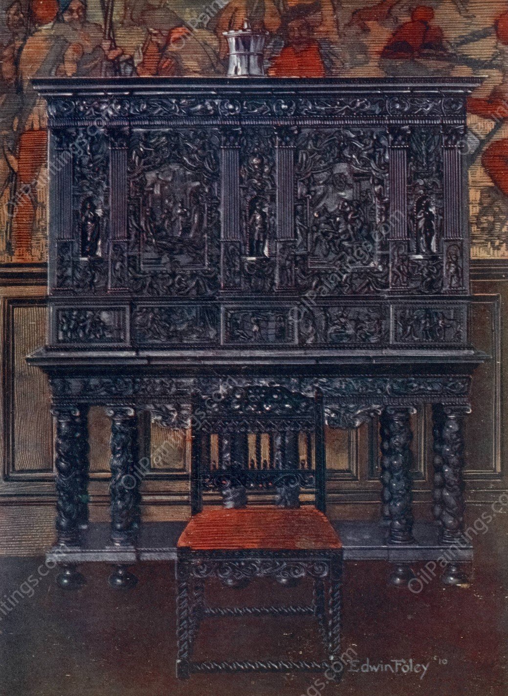 The 'Rubens' cabinet-of ebony carved. Interior fittings inlaid and columns of tortoiseshell  by Edwin Foley - Hand-Painted Oil Painting Reproduction