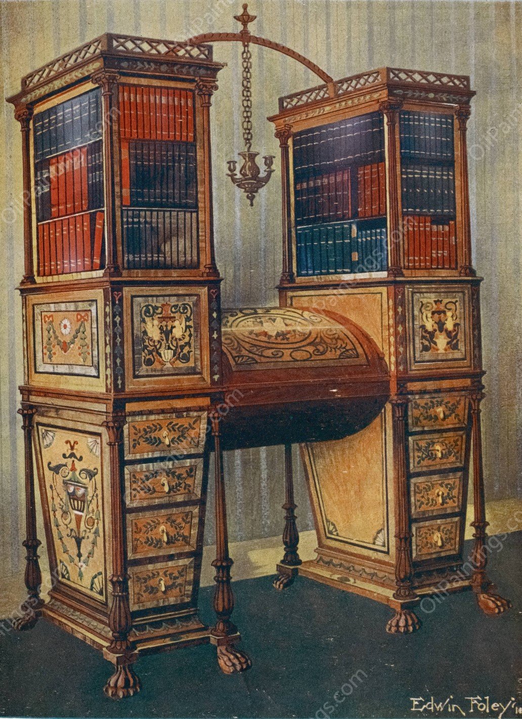 The sisters inlaid double secretaire and bookcase cabinet  by Edwin Foley - Hand-Painted Oil Painting Reproduction