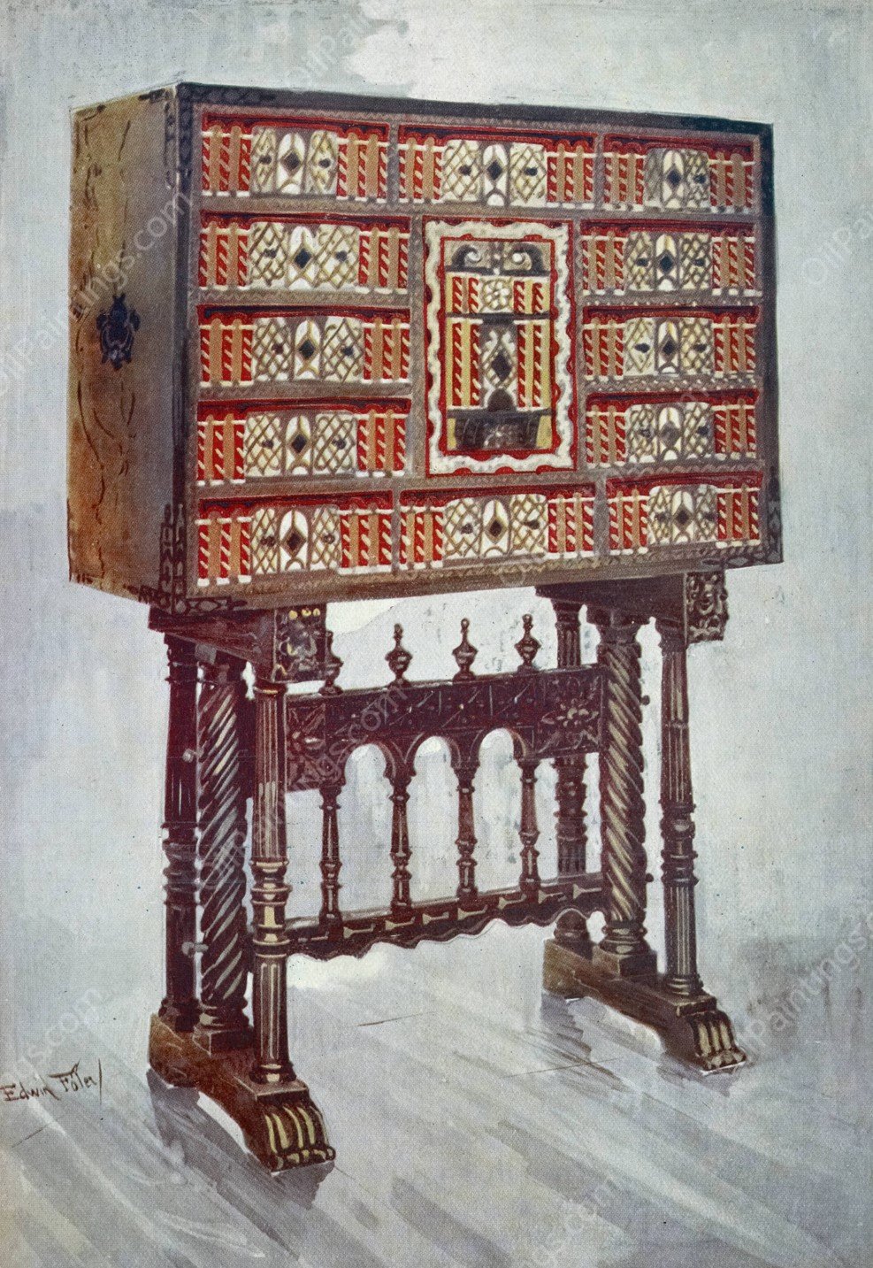 Vargueno cabinet of chestnut, ivory, etc., painted and gilt with wrought-iron and steel mounts  by Edwin Foley - Hand-Painted Oil Painting Reproduction