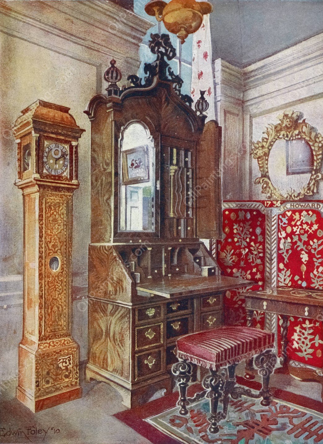 Walnut cabinet-top scrutoire, Inlaid sycamore  by Edwin Foley - Hand-Painted Oil Painting Reproduction