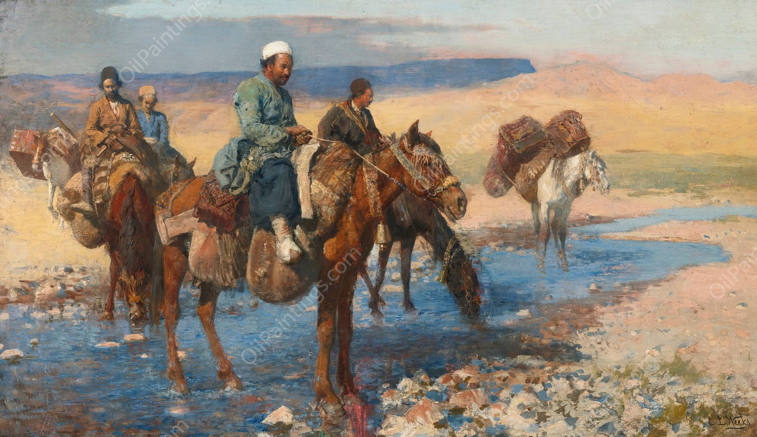 Horses At The Ford - Persia by Edwin Lord Weeks - Hand-Painted Oil Painting Reproduction