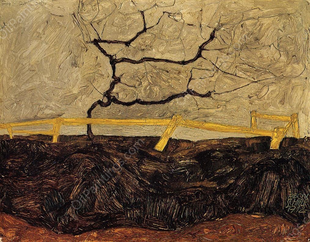 Bare Tree Behind a Fence by Egon Schiele - Hand-Painted Oil Painting Reproduction