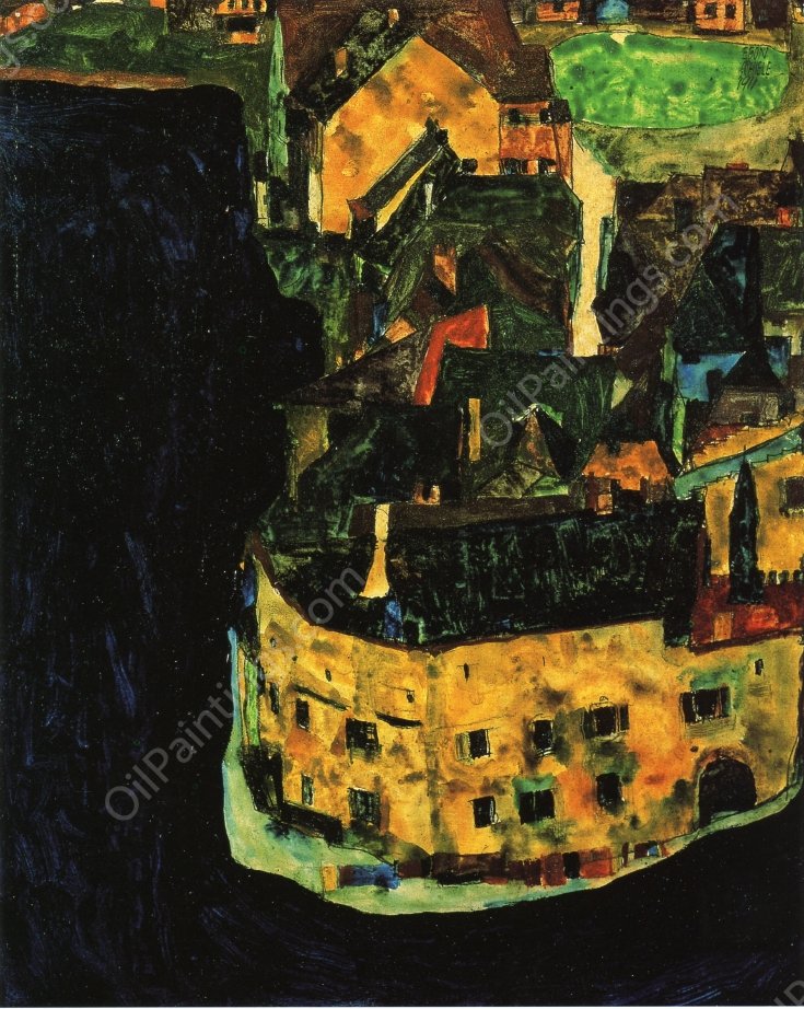 City on the Blue River by Egon Schiele - Hand-Painted Oil Painting Reproduction