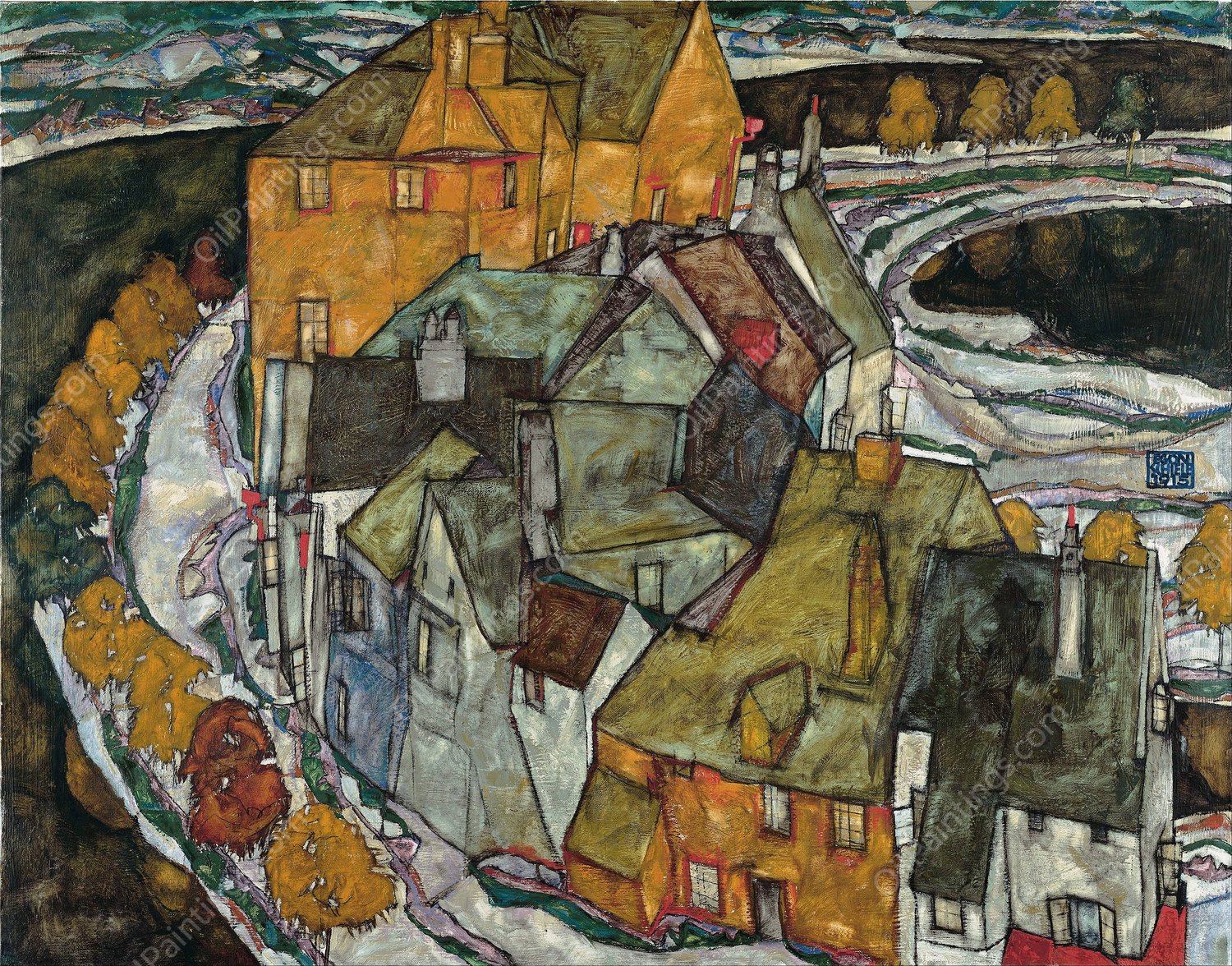Crescent of Houses II  by Egon Schiele - Hand-Painted Oil Painting Reproduction