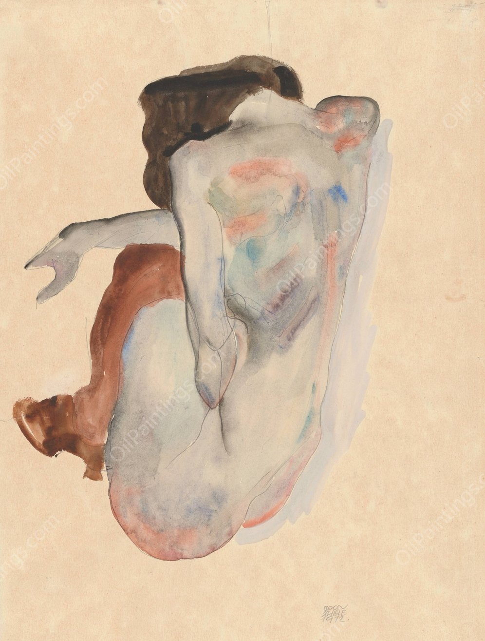 Crouching Nude in Shoes and Black Stockings, Back View  by Egon Schiele - Hand-Painted Oil Painting Reproduction