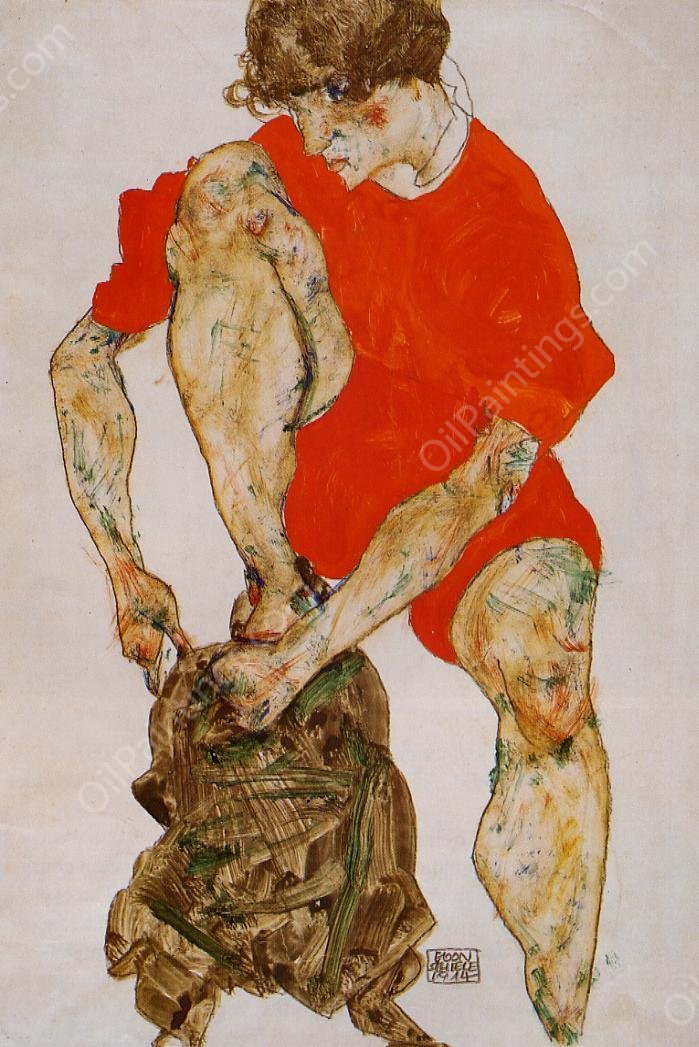 Female Model in Bright Red Jacket and Pants by Egon Schiele - Hand-Painted Oil Painting Reproduction