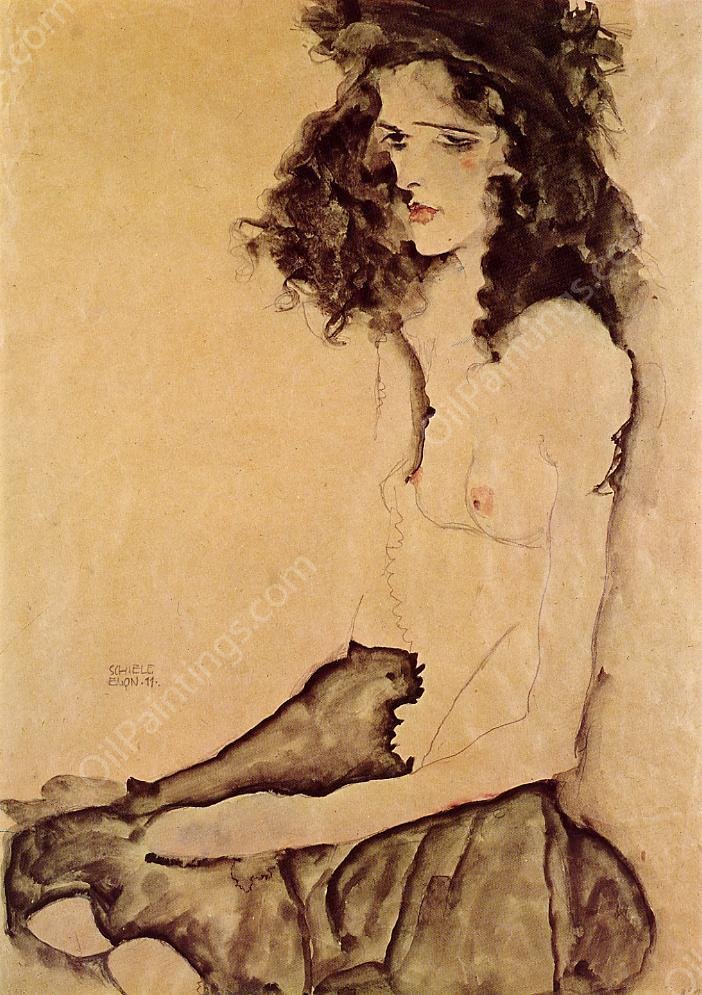 Girl in Black by Egon Schiele - Hand-Painted Oil Painting Reproduction