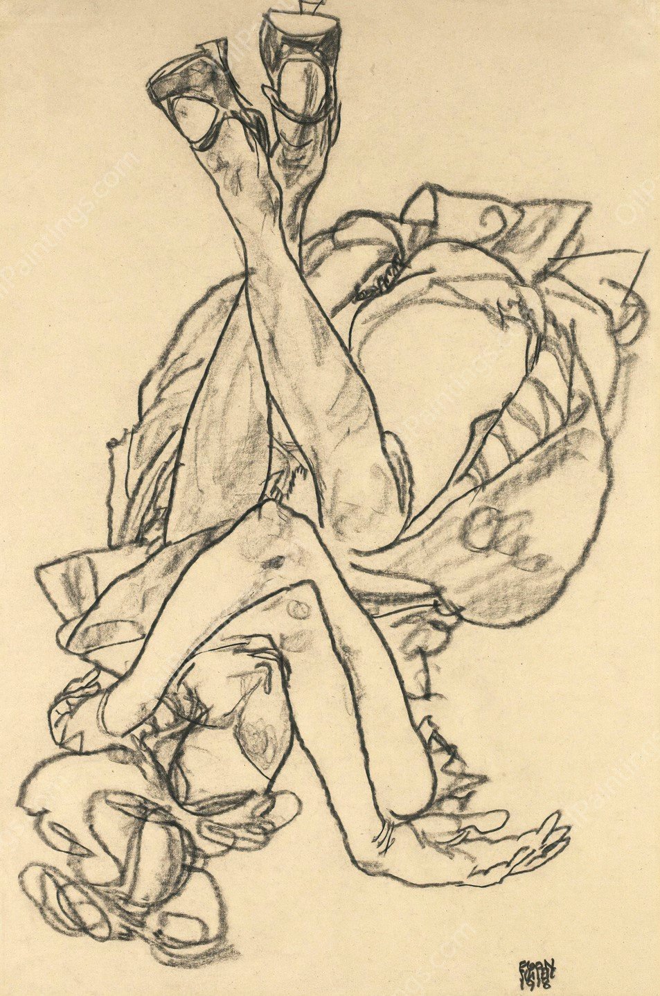 Girl Lying On Her Back With Crossed Arms And Legs  by Egon Schiele - Hand-Painted Oil Painting Reproduction