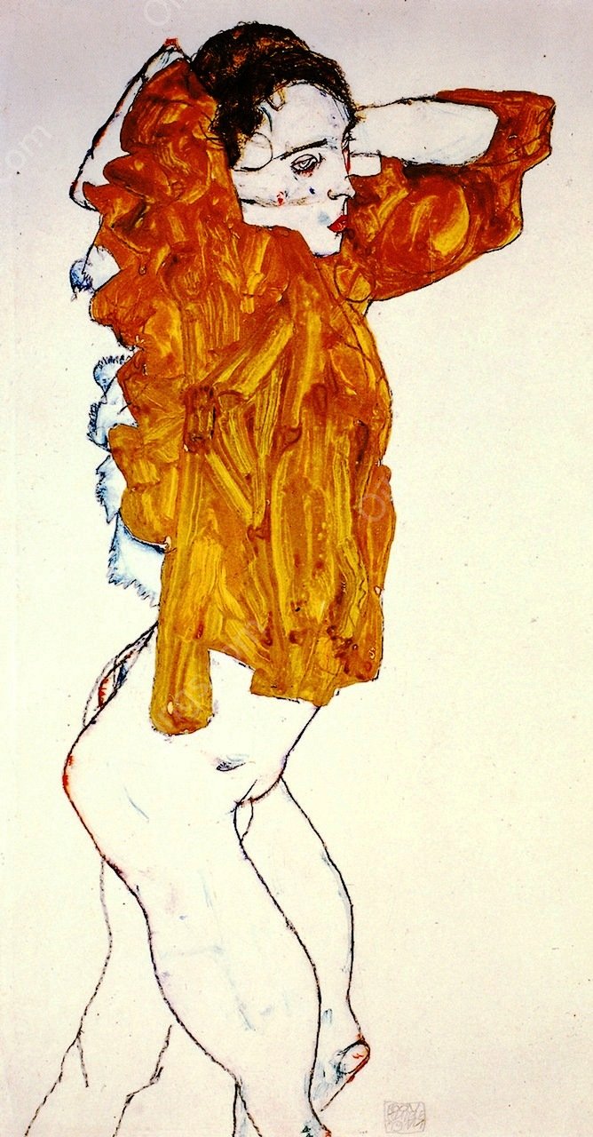 Girl Undressing by Egon Schiele - Hand-Painted Oil Painting Reproduction