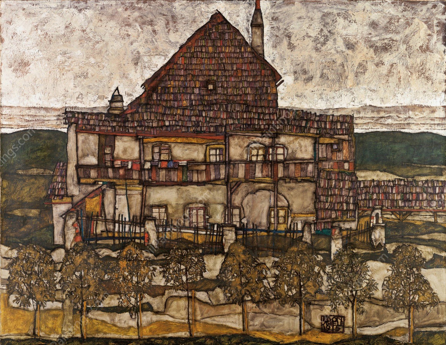 House with Shingle Roof  by Egon Schiele - Hand-Painted Oil Painting Reproduction