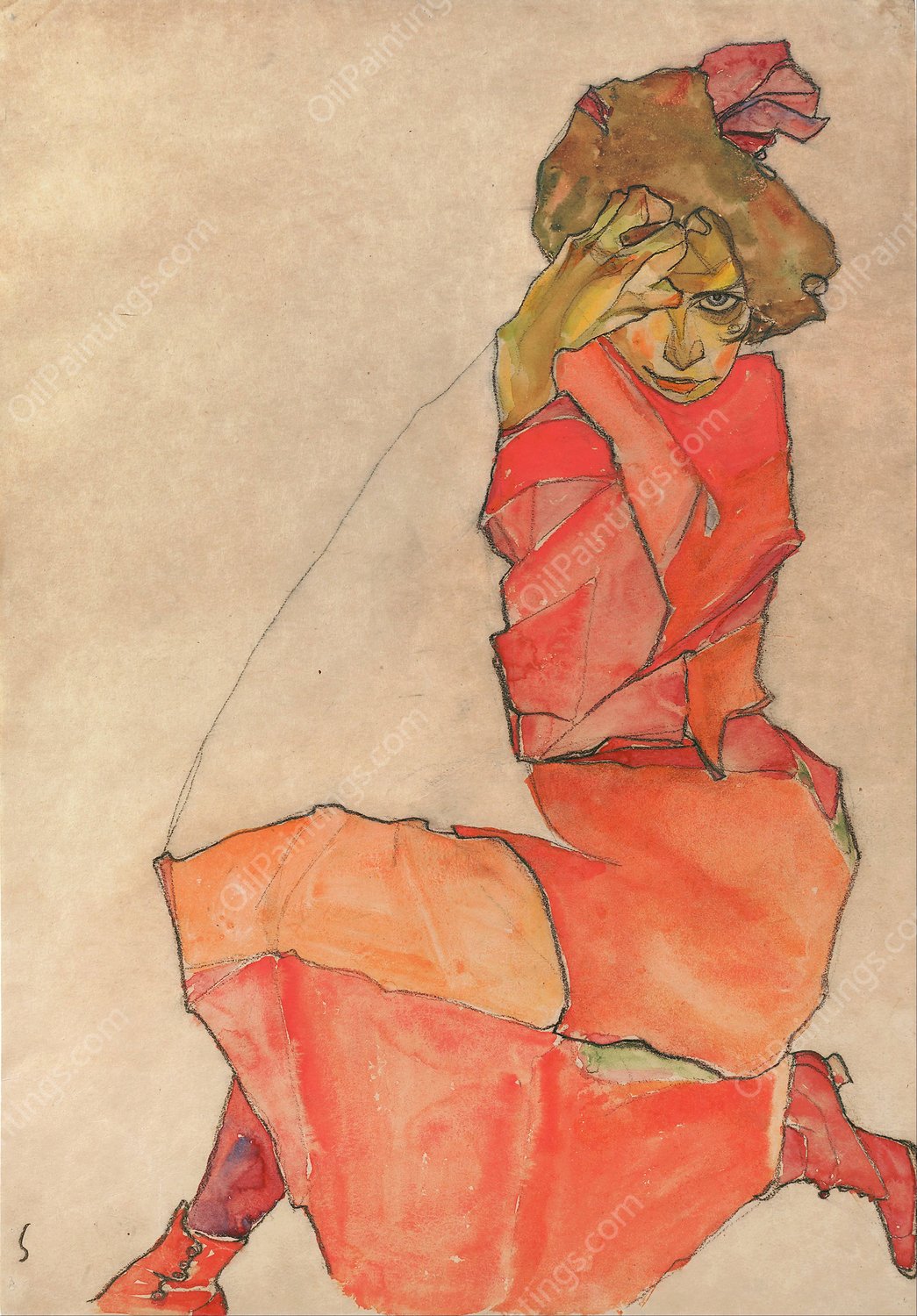 Kneeling Female in Orange-Red Dress  by Egon Schiele - Hand-Painted Oil Painting Reproduction
