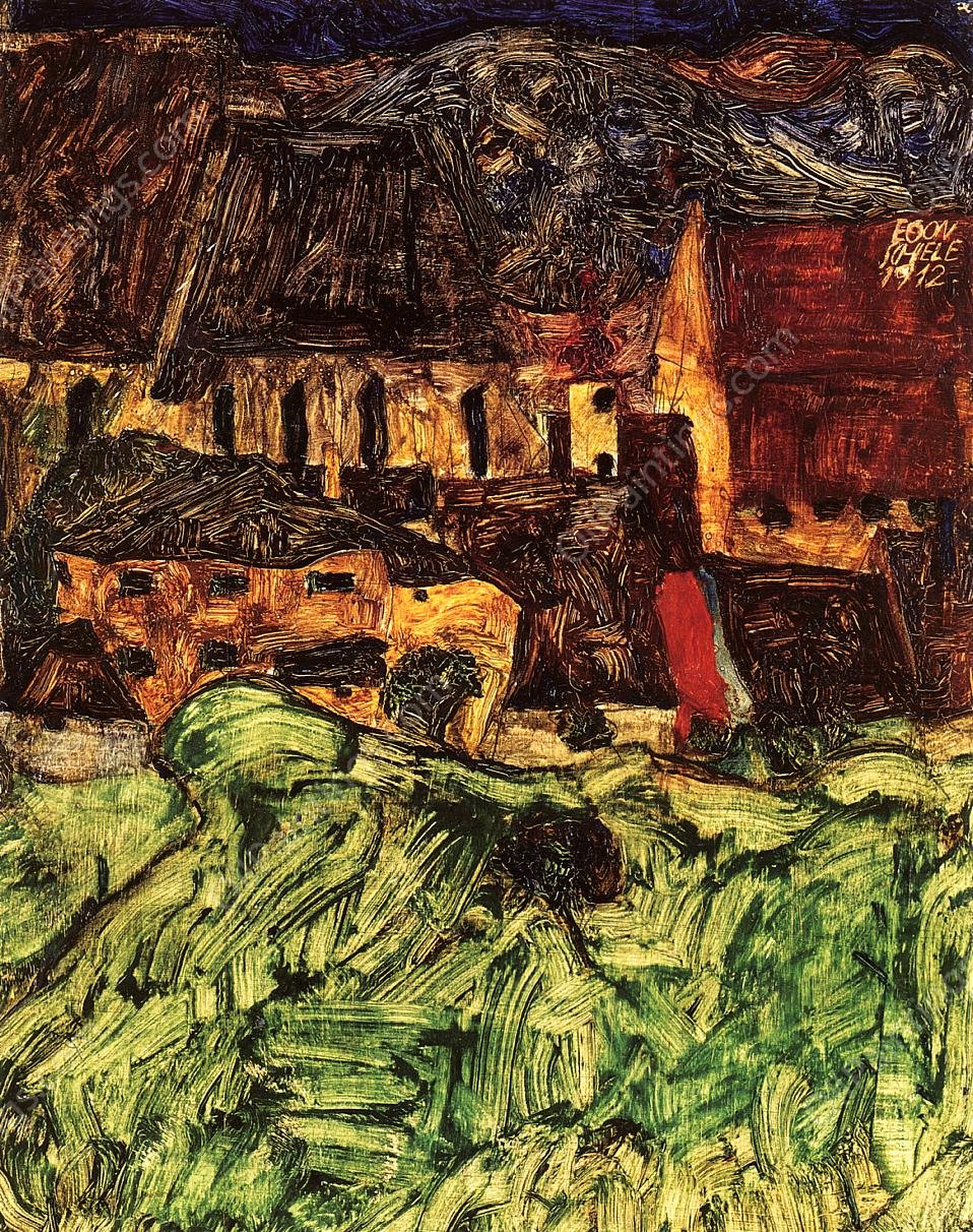 Meadow, Church and Houses by Egon Schiele - Hand-Painted Oil Painting Reproduction