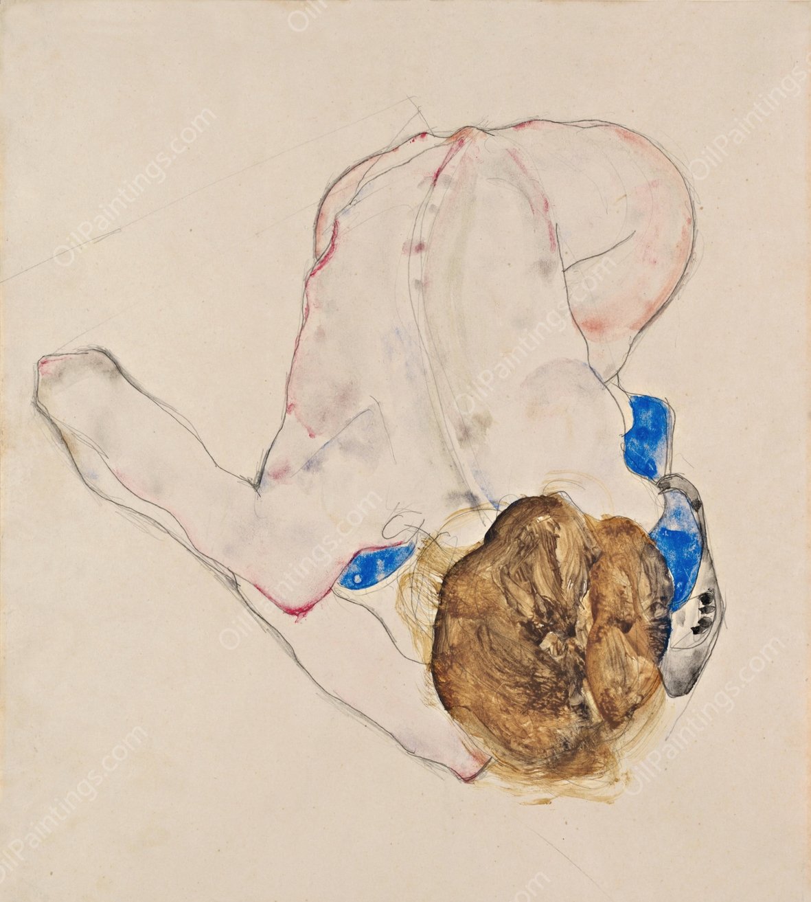 Nude with Blue Stockings, Bending Forward  by Egon Schiele - Hand-Painted Oil Painting Reproduction