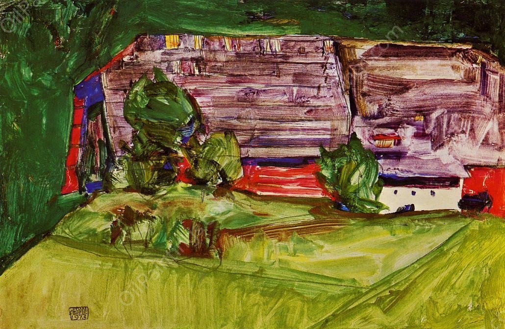 Peasant Homestead in a Landscape by Egon Schiele - Hand-Painted Oil Painting Reproduction