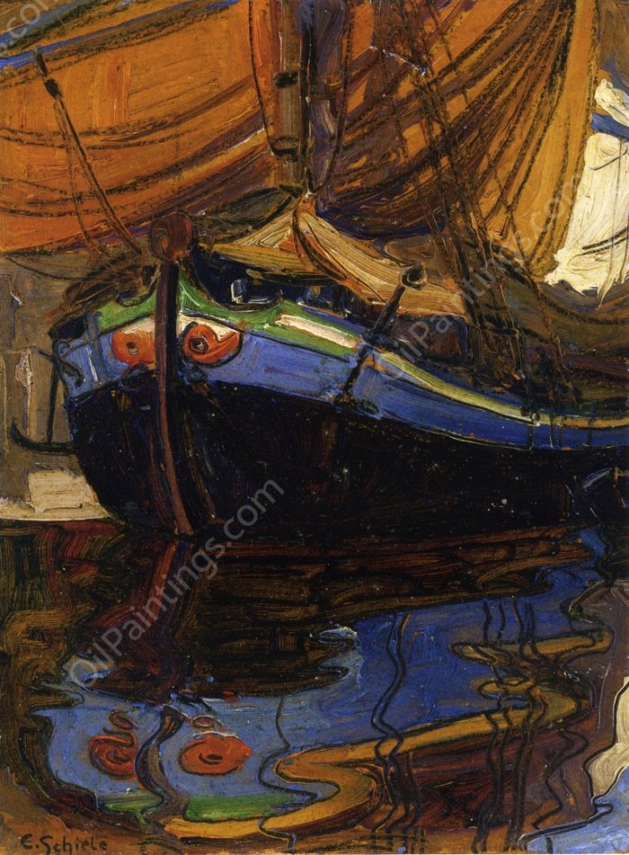 Sailing Boat with Reflection in the Water by Egon Schiele - Hand-Painted Oil Painting Reproduction