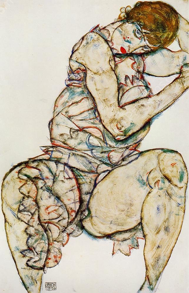 Seated Woman with Her Left Hand in Her Hair by Egon Schiele - Hand-Painted Oil Painting Reproduction
