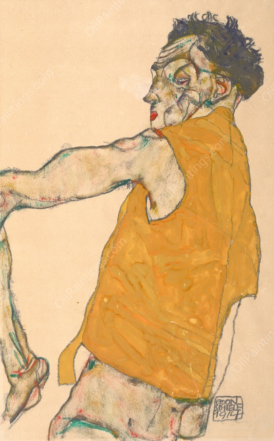 Self-Portrait In Yellow Vest, 1914 by Egon Schiele - Hand-Painted Oil Painting Reproduction