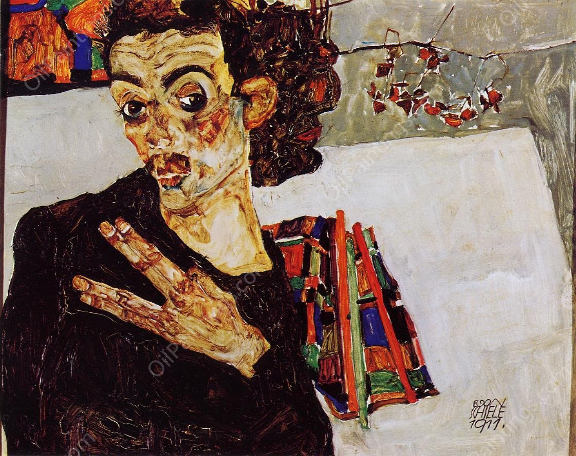 Self Portrait with Black Vase and Spread Fingers by Egon Schiele - Hand-Painted Oil Painting Reproduction