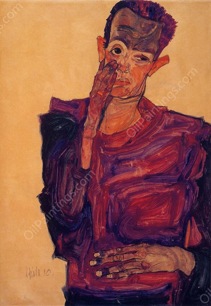 Self Portrait with Hand to Cheek by Egon Schiele - Hand-Painted Oil Painting Reproduction