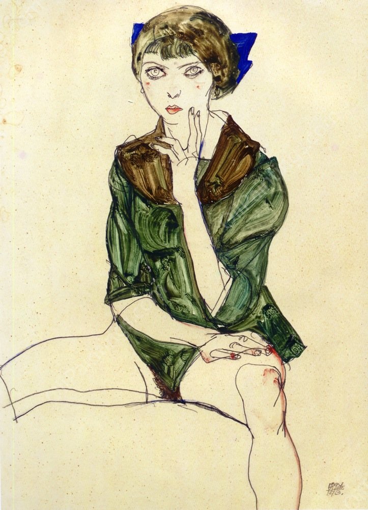 Sitting Woman in a Green Blouse by Egon Schiele - Hand-Painted Oil Painting Reproduction